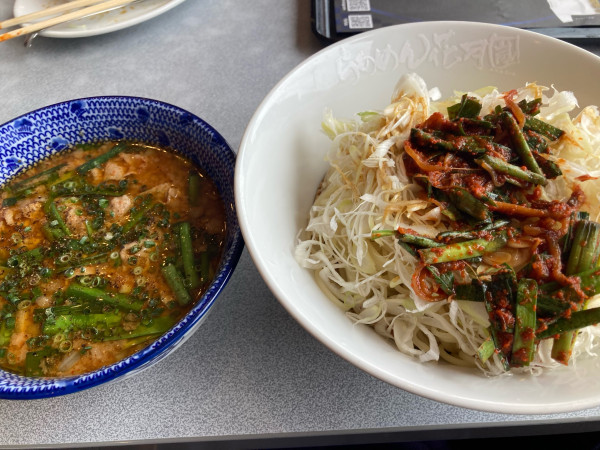 「嵐肉そばつけ麺 ちょび辛味+シャキネギ+壺ニラ」@らあめん花月嵐 ひたちなか高場店の写真