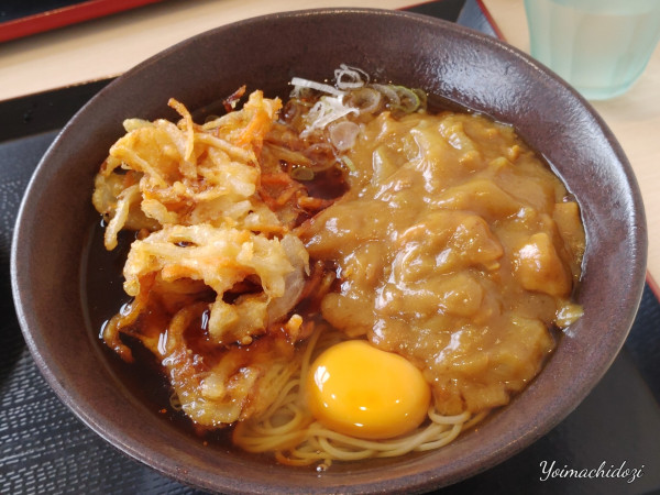 「朝そば（温、生卵、カレー：450円）」@ゆで太郎 北本深井店の写真
