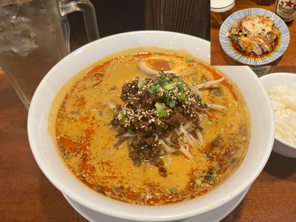 「黒酢健康担々麺+よだれ鶏+赤星+ハイボール」@永吉の写真