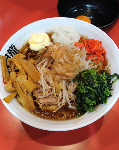 「塩らーめん小+メンマ､ほうれん草､玉葱､マヨ､生卵､紅生姜」@麺屋 桐龍 久喜店の写真