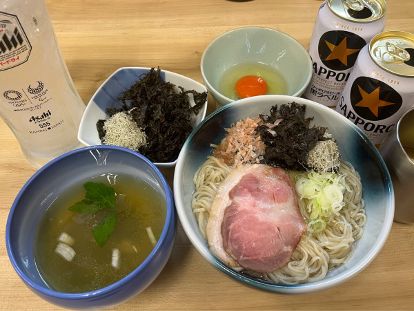 「昆布水つけ麺 塩+のり+とろろ昆布+真っ赤卵+🍺+レモンサワー」@麺処 有彩の写真