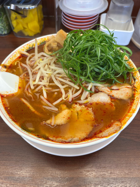 「辛みそもやしラーメン大盛り(1144円)＋九条ネギ(198円)」@魁力屋 越谷店の写真