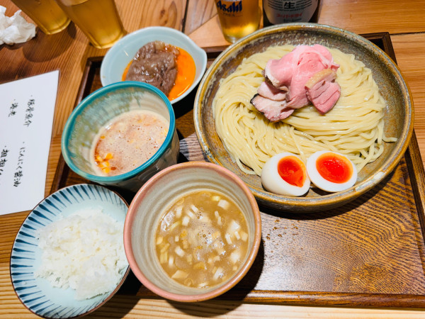 「つけ汁2種つけめん400g 黒毛和牛サーロインご飯」@あいだやの写真