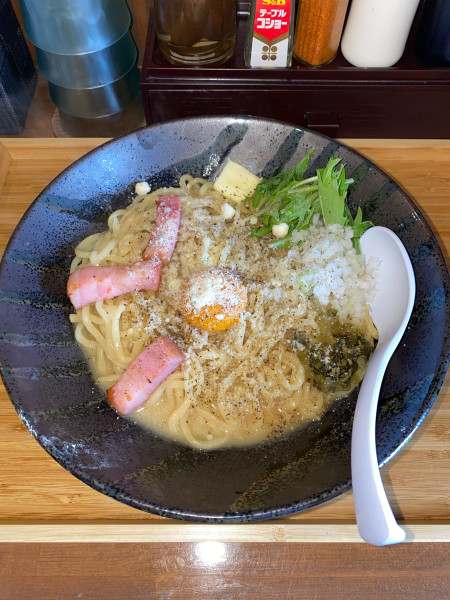 「濃厚鶏白湯のカルボまぜそば麺大盛り¥1,330円(限定)」@らぁめん 麺彩家の写真