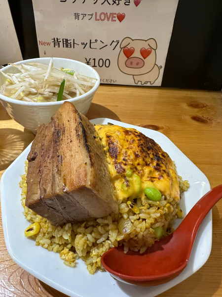 「カレーチャーハン 半ラーメンセット +炙りチーズ +豚バラ肉」@味噌麺処 花道庵 北参道店の写真
