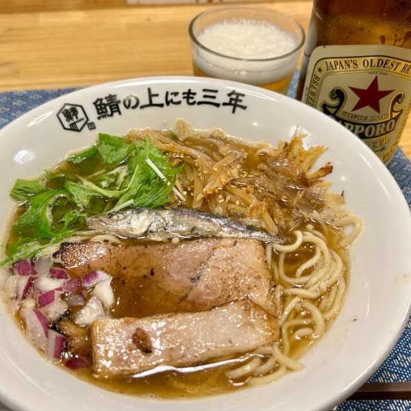 「鯖そば 元味＋ビール 中瓶」@麺屋 鯖の上にも三年の写真