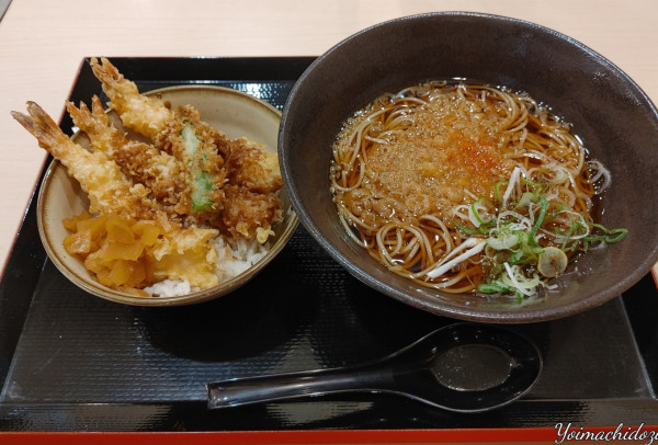 「ミニ三海老天丼セット」@ゆで太郎 新越谷駅前店の写真