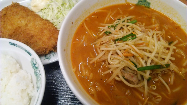「秘伝の辛味噌ラーメン＋半ライス＋イワシフライ」@日高屋 本八幡北口駅前店の写真