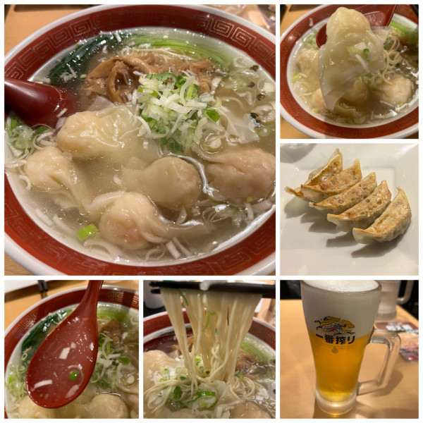 「えび潮ワンタン麺990円 バクバク餃子360円ビール530円」@山本さん家 宿郷店の写真