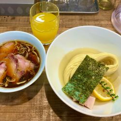 昆布水つけ麺醤油with 味玉 & オレンジジュース