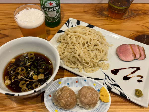 「【限定】鴨のつけめん+🍺」@らーめん かねかつの写真