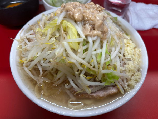 「ラーメン ネギ 生玉子(麺半分・ニンニク・ヤサイ・アブラ)」@ラーメン二郎 神田神保町店の写真