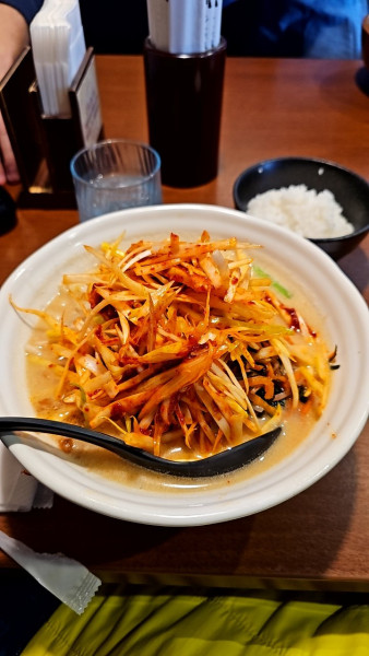 「肉ネギラーメン大盛りとサービス🍚」@麺場 田所商店 千葉美浜店の写真