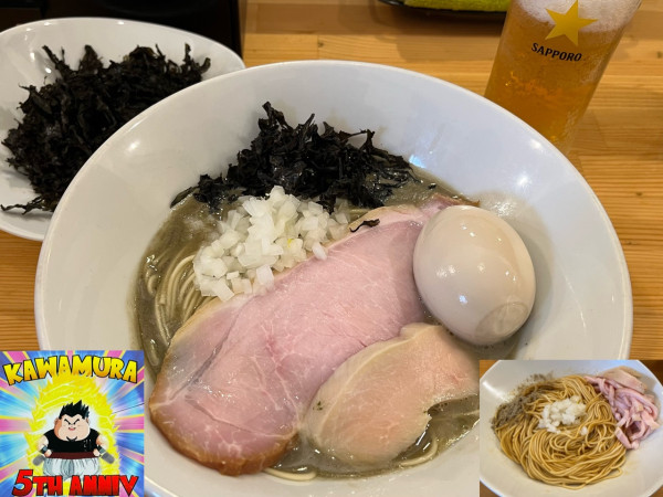 「【周年限定】濃厚煮干らーめん+岩のり+🍺+和え玉」@煮干らーめん 川むらの写真