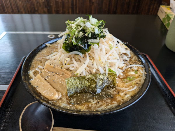 「しょうゆとんこつ大盛（にく、卵なし）600円」@増味家の写真