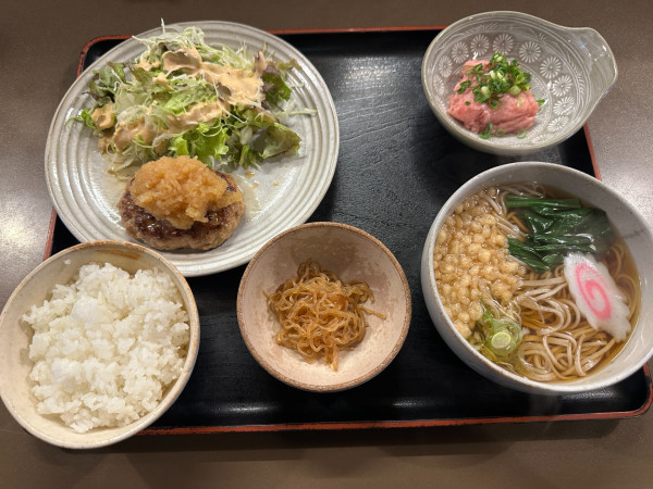 「日替りランチ（ハンバーグ＋ネギトロ＋そば）900円」@柳川乃庄の写真