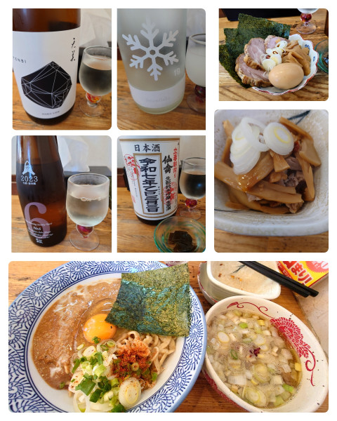 「牡蠣味噌かま玉つけそば +特製＋おつまみメンマ＋日本酒×4」@中華そば専門 とんちぼの写真