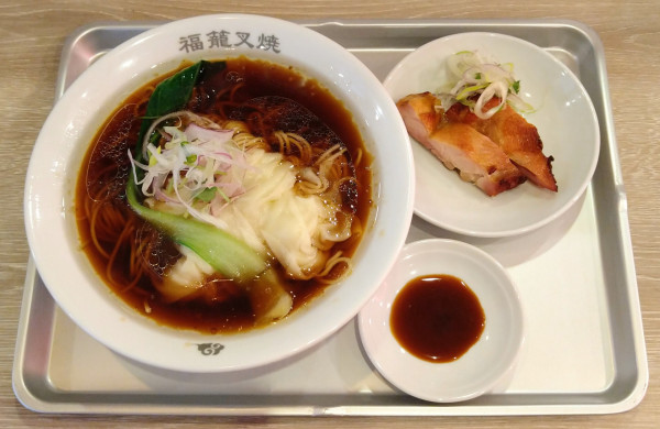 「海老雲呑麺(醤油)+鶏叉焼(半盛り)+おぼれ餃子(台中式蒸」@福籠叉焼の写真