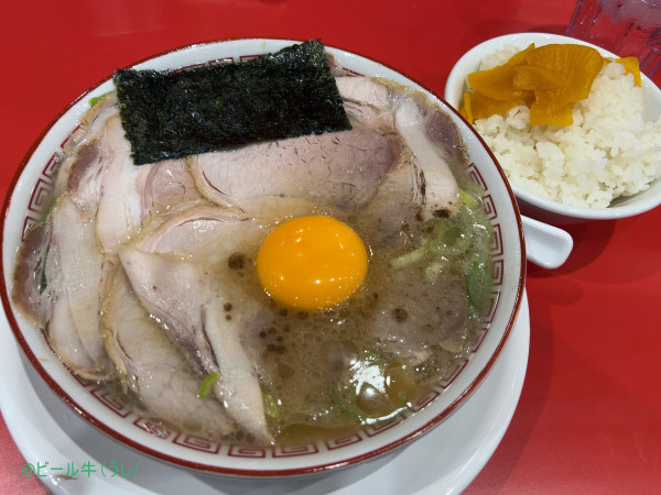 「特製中華そば(1130円)こってり、ライス大(麺類注文で一杯無料」@マルショーラーメン 川口の写真