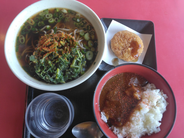「ランチパクチー天そば500円半カレー(JAFでメンチカツ無料」@スマル亭 1号店の写真