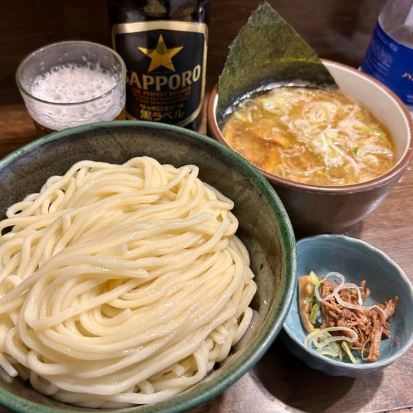 「【夜限定】塩つけ(並・ねぎ増し)+ビール」@麺舗十六の写真