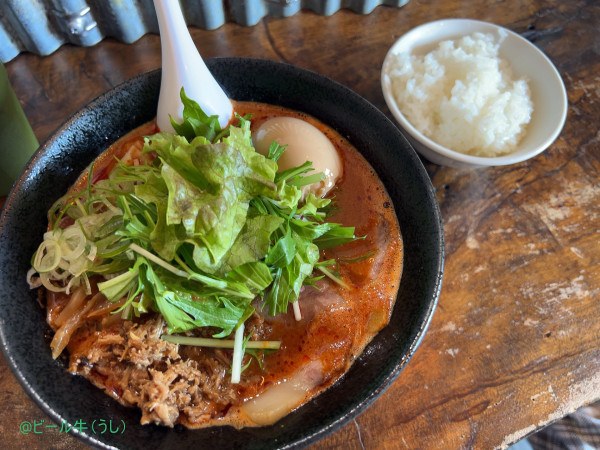 「特製担々麺・赤(1400円)辛さ普通、ライス(150円)」@栄龍軒 YATAI STYLEの写真
