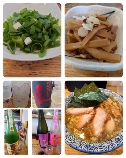 「特製中華そば⁺おつまみメンマ＋九条ネギ⁺日本酒×4」@中華そば専門 とんちぼの写真