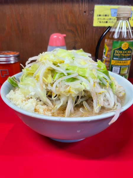 「小ラーメン豚入り(麺半分脂少な目野菜大蒜カラメ)¥1,250」@ラーメン二郎 新潟店の写真