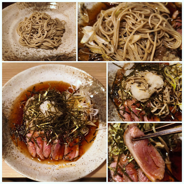 「冷やし鴨おろしラー油蕎麦＋海苔＋替玉＝2350円」@蕎麦呑み 朔の写真