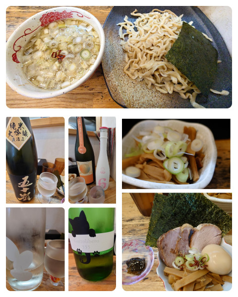 「特製つけそば（200g）＋おつまみメンマ＋ 日本酒×4」@中華そば専門 とんちぼの写真