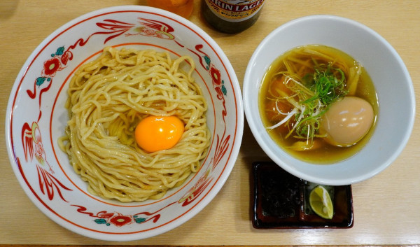 「【限定】釜玉煮干しつけそば（鶏潮ver.）＋味玉＋瓶ビール」@麺屋 いちょうの写真