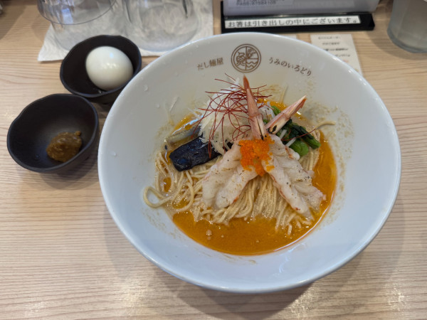 「【限定】蝦（えび）だし麺＋味玉」@だし麺屋 うみのいろどりの写真