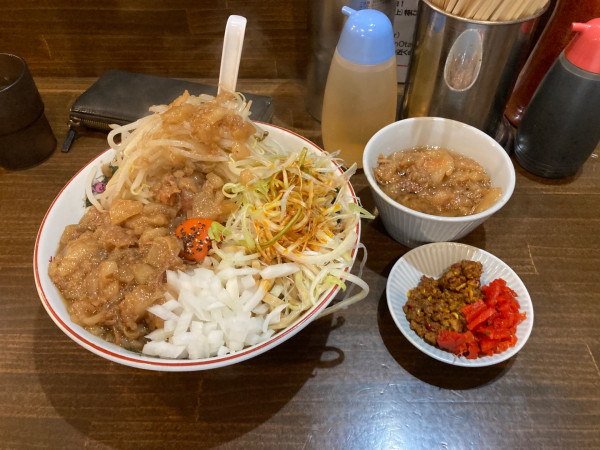「汁なし（豚抜き）+ カレーMNC」@男気らーめんアカギ 新田木崎店の写真
