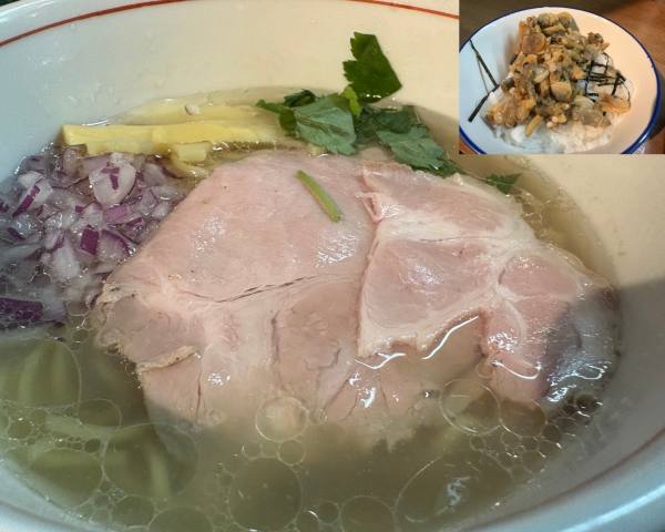 「蛤と鰹の中華そば(塩)+貝めし」@貝そばもぉむの写真