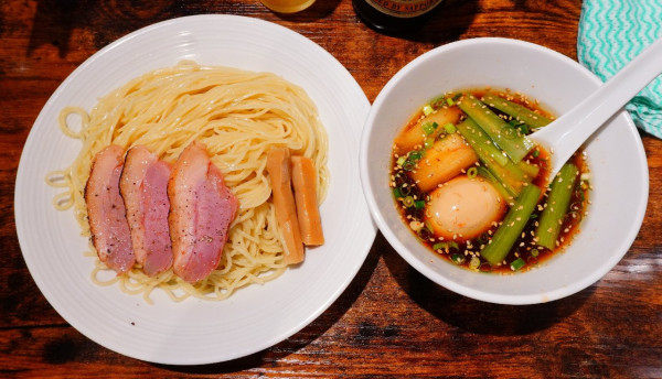 「鴨つけそば細麺 並盛＋味玉＋サッポロラガー中瓶」@麺屋 上々の写真