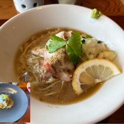 限定冷製牡蠣蕎麦1000円、紅ズワイ蟹味噌ソースの替玉460