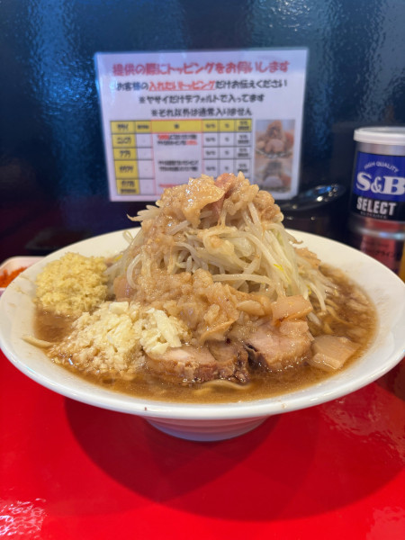 「ラーメン（大）ニンニクアブラ辛揚げ別皿」@ラーメン鷹の目 江古田店の写真