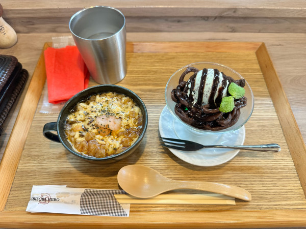「小エビのチーズリゾットと気まぐれ麺スイーツチョコミント」@えびそば 緋彩の写真
