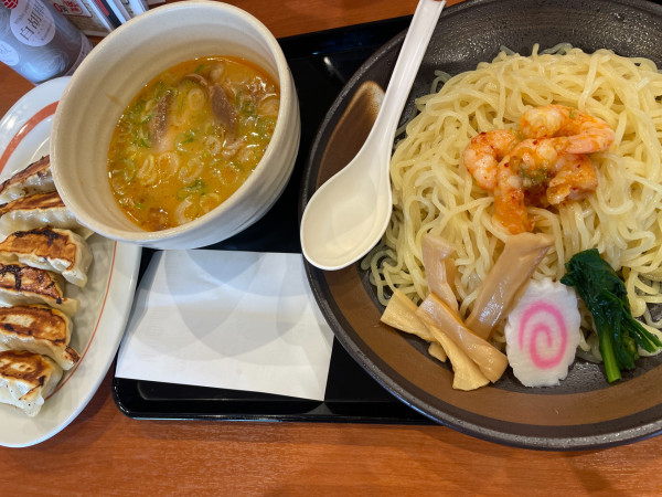 「期間限定・エビ味噌つけめんと餃子のセット：1090円」@幸楽苑 白河店の写真