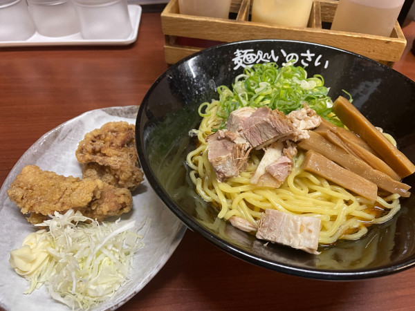 「えび味噌の油そば（汁なし麺）・中：800円＋唐揚げ２個乗せ」@麺処 いのさい 新河岸の写真