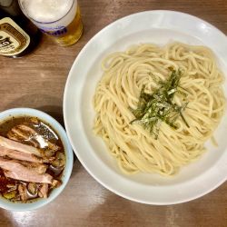 サッポロ赤星＋メンマ皿→限定 荻窪丸長風 チャシューつけそば