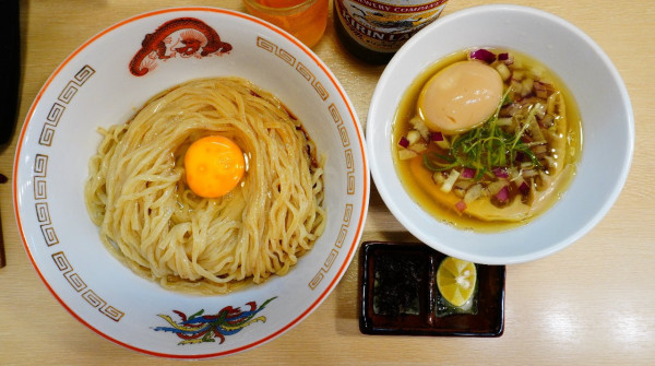 「【限定】釜玉煮干しつけそば（鶏潮ver.）＋味玉＋瓶ビール」@麺屋 いちょうの写真