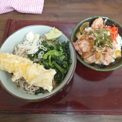 冷しイカ天ほうれん草そば+ミニ鶏丼（サービス定食）