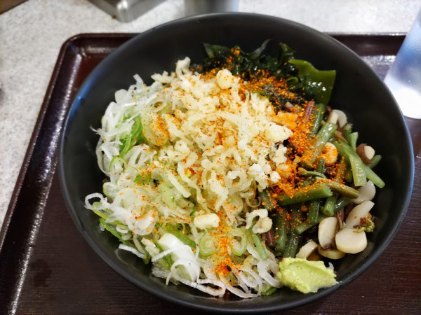 「冷やし山菜そば（温玉抜き、ネギ増し）」@そば処 かめや 新橋店の写真