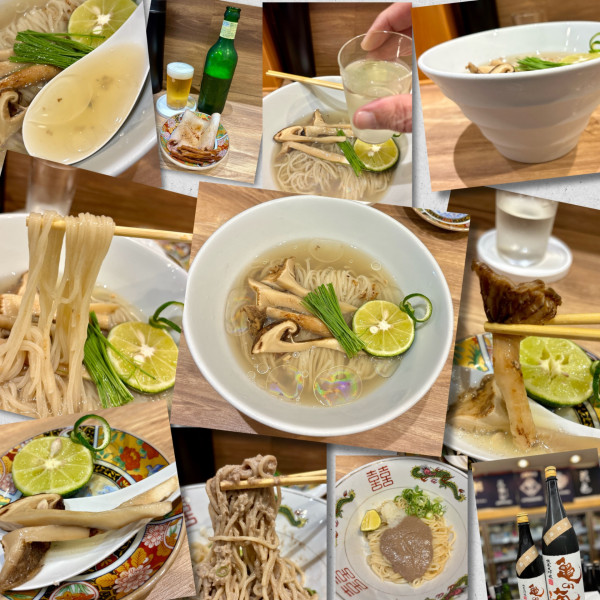 「【限定】冷やし松茸そば＋秋刀魚和え玉＋ハートランド」@麺庵 利休の写真