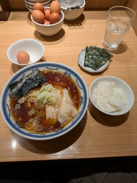 「朝ラー専用中華そば（650円）海苔（100円）ライス＆生卵（無料」@つじ田 東陽町店の写真