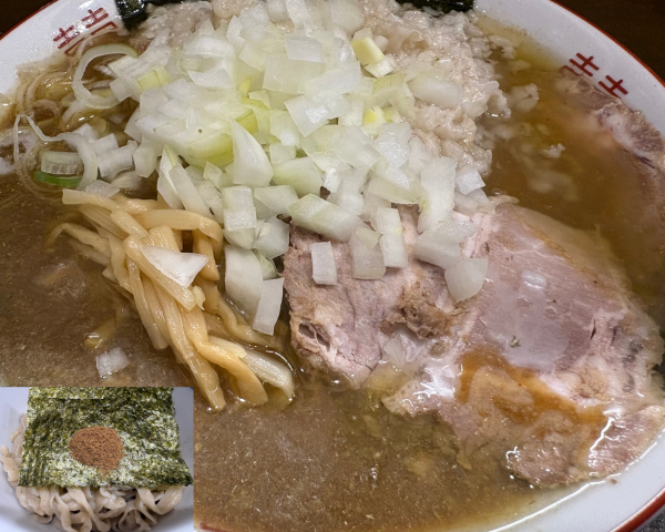 「味噌ラーメン+身入り+タマネギ+ニンニク+和え玉」@手打ち中華そば 酒田 鹿島田店の写真
