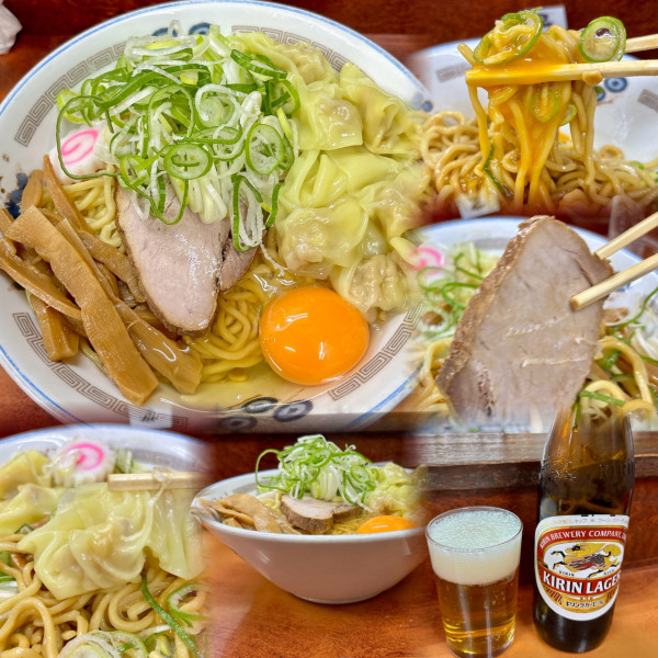 「油そば(並)+ネギ盛+わんたん盛+生卵+ビール」@珍々亭の写真