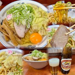 油そば(並)+ネギ盛+わんたん盛+生卵+ﾋﾞｰﾙ