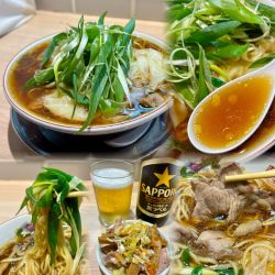 老鶏そば＋皮わんたん＋九条ネギ笹切り＋ビール